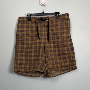 Patagonia Brown Plaid Men’s Swim Board Shorts Size 36 Beach Surf Trunks Pocket